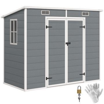 Outsunny Căsuță de Grădina pentru Unelte cu Podea, 2 Uși, Încuietoare și Acoperiș Înclinat, 238x125x183 cm, Gri | Aosom Romania Outsunny Căsuță de Grădina pentru Unelte cu Podea, 2 Uși, Încuietoare și Acoperiș Înclinat, 238x125x183 cm, Gri | Aosom Romania